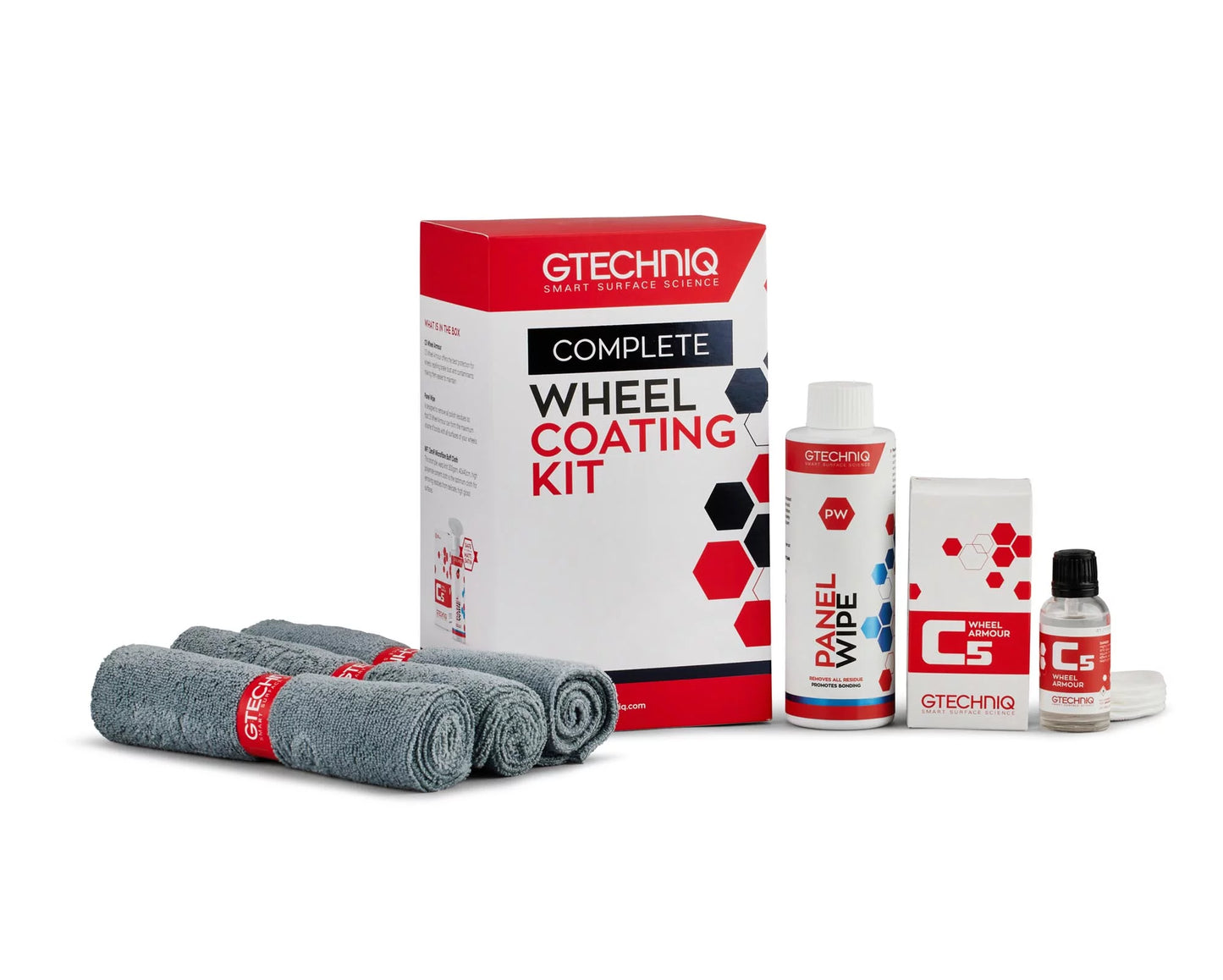 GTECHNIQ C2 Wheel Coating Kit Kerékbevonat Szett 250ml PW Felület Előkészítő 50ml C5 Felni Páncél 3 x MF1 mikroszálas törlőkendő