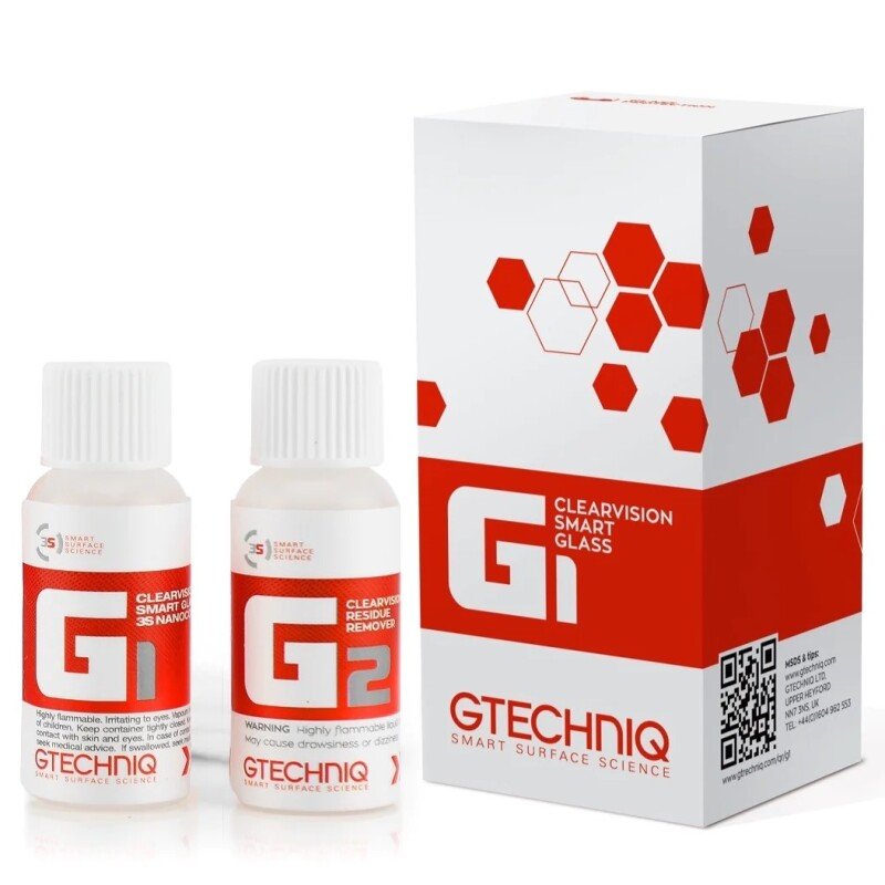 GTECHNIQ Clearvision SMART GLASS G1+G2 Szélvédő Hidrofób Vízlepergető Nano Bevonat + Bevonat maradványeltávolító 2 x 15ml